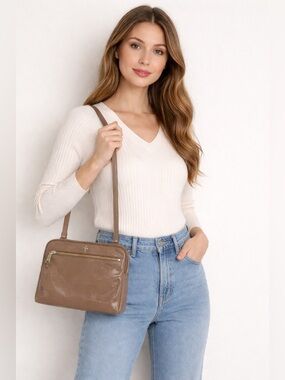 Cole Haan Classic Taupe Patent Leather Shoulder Bag with Gold Zipper Crossbody